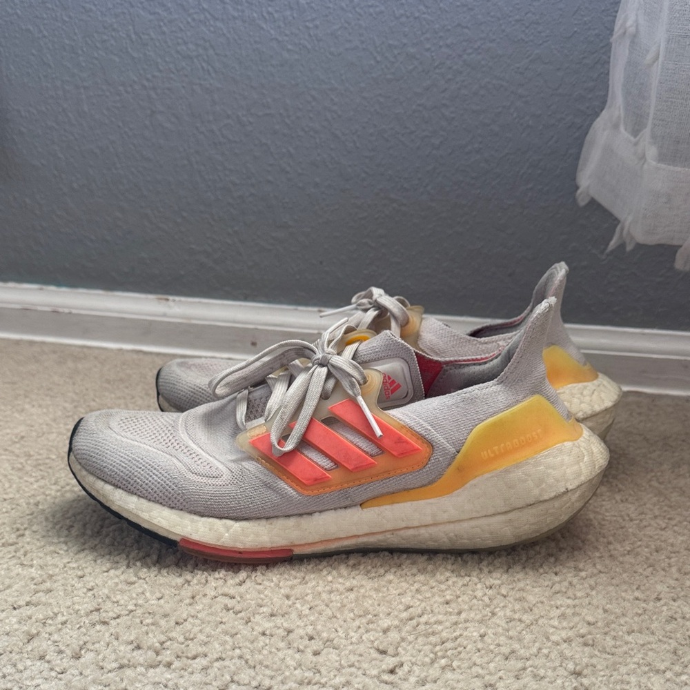 Adidas White, Pink, and Bright Orange Ultraboost